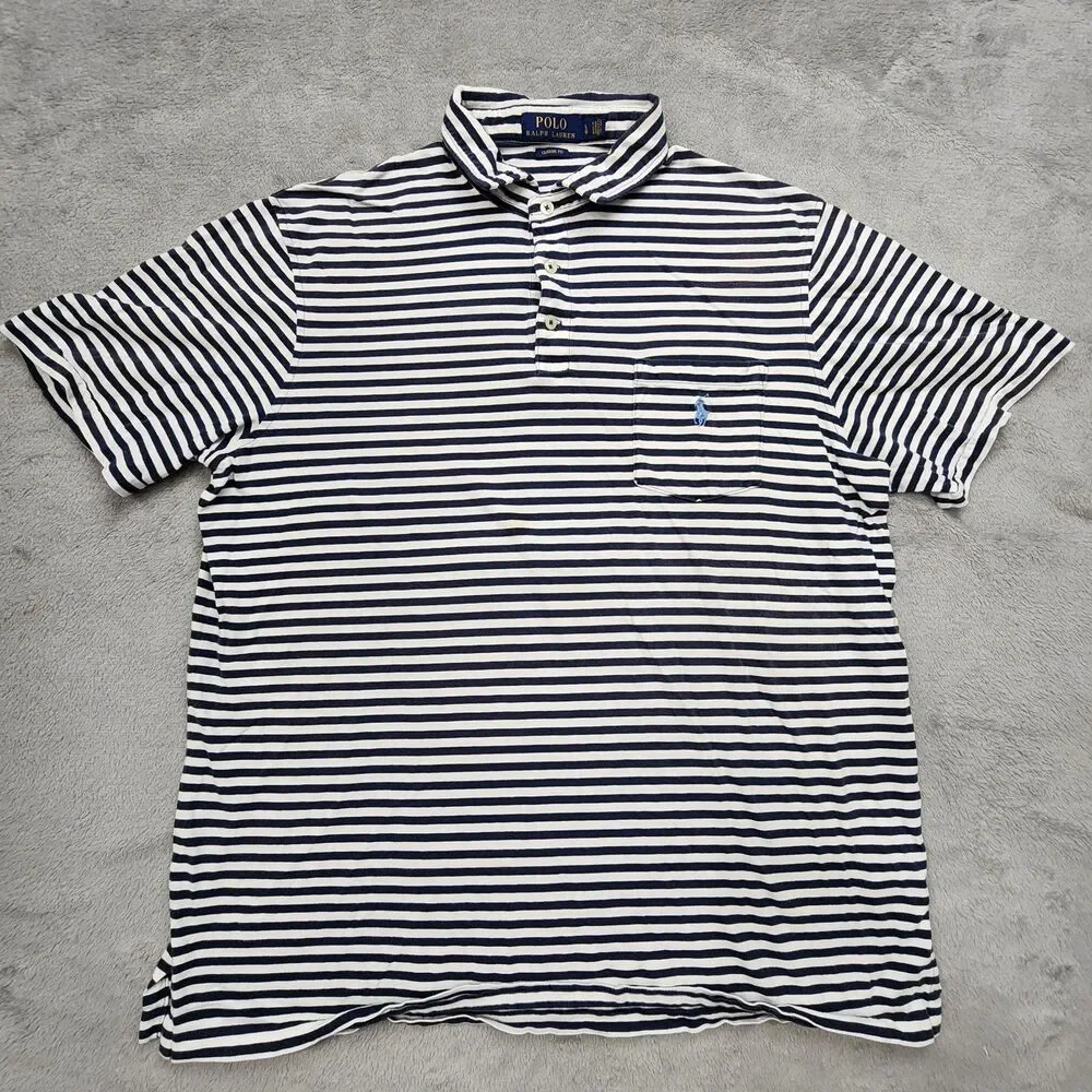 Polo Ralph Lauren Mens L Classic Fit Navy And White Striped Pocket 100% Cotton